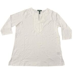 Ralph Lauren‎ WHITE Women's Split-Neck Three-Quarter Sleeve Cotton Tunic 1X NWOT